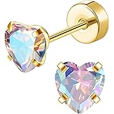 EQFE G23 Titanium Earrings for Girls 14k Gold Hypoallergenic Flat Back Earrings for Sensitive Skin Cartilage 20G Screw Back Star Heart Flower Stud Earrings for Women