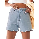 Aoysky Womens High Waisted Denim Shorts Summer Straight Leg Wave Hem Short Jeans Casual Trendy Jort