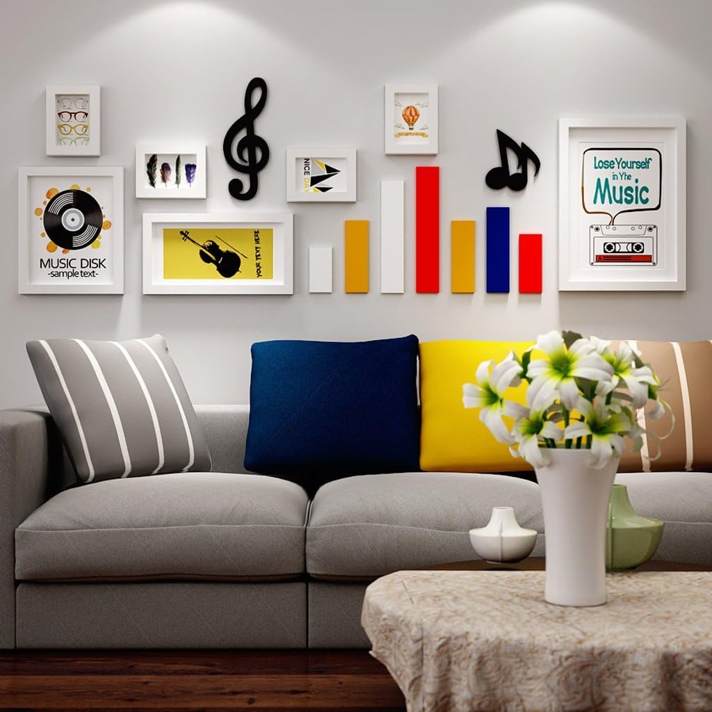 Photo Frame Wall Music Theme Solid Wood Photo Frame Collage,Creative Simple and Modern Combination Background Decorative Hanging Wall (Color : All White)