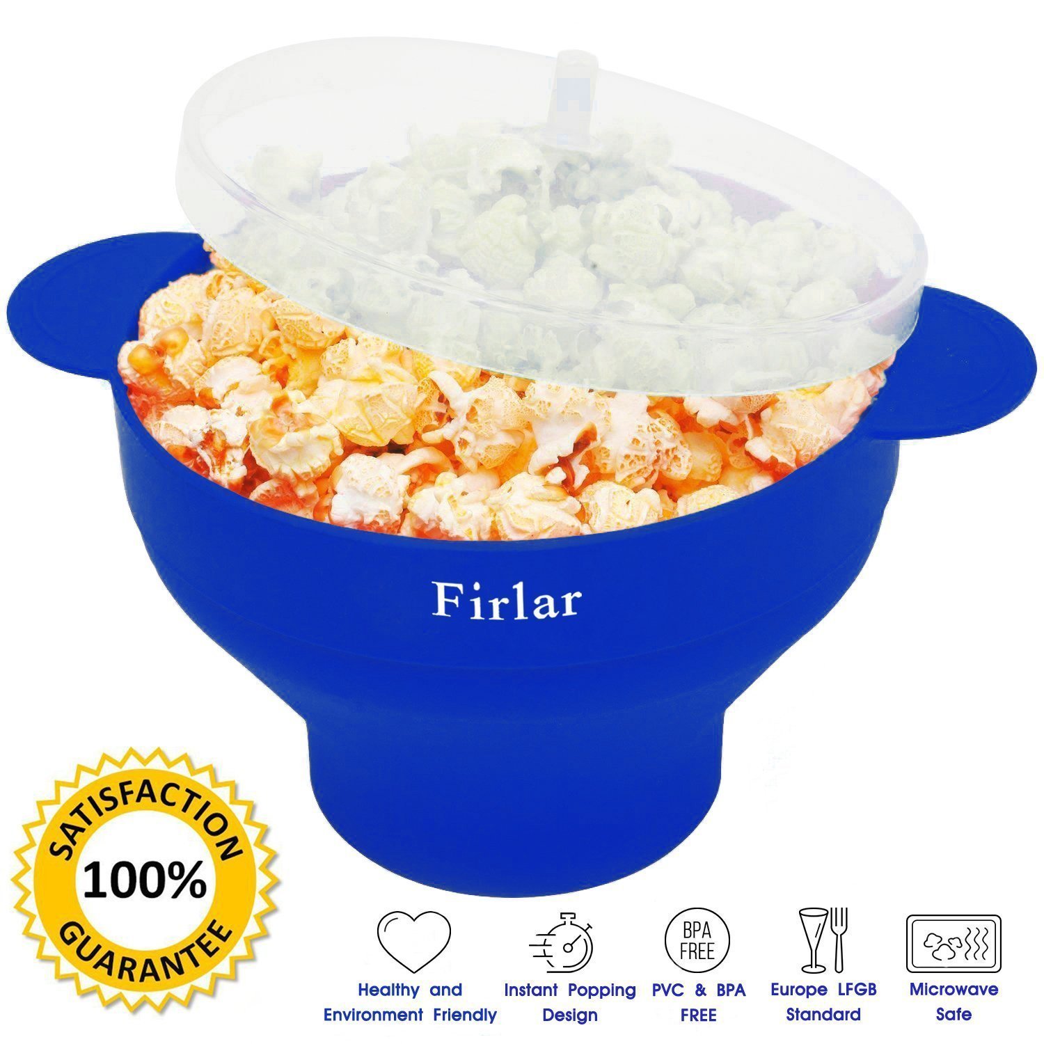 Firlar Microwave Popcorn Popper Sturdy Convenient Handles, Silicone Popcorn Maker, Collapsible Bowl with Lid (Blue)