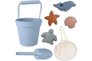 BLUE GINKGO Modern Baby Sand Toys | Travel Friendly | Silicone Bucket, Shovel, 4 Molds, Beach Bag for Toddlers, Kids - Blue