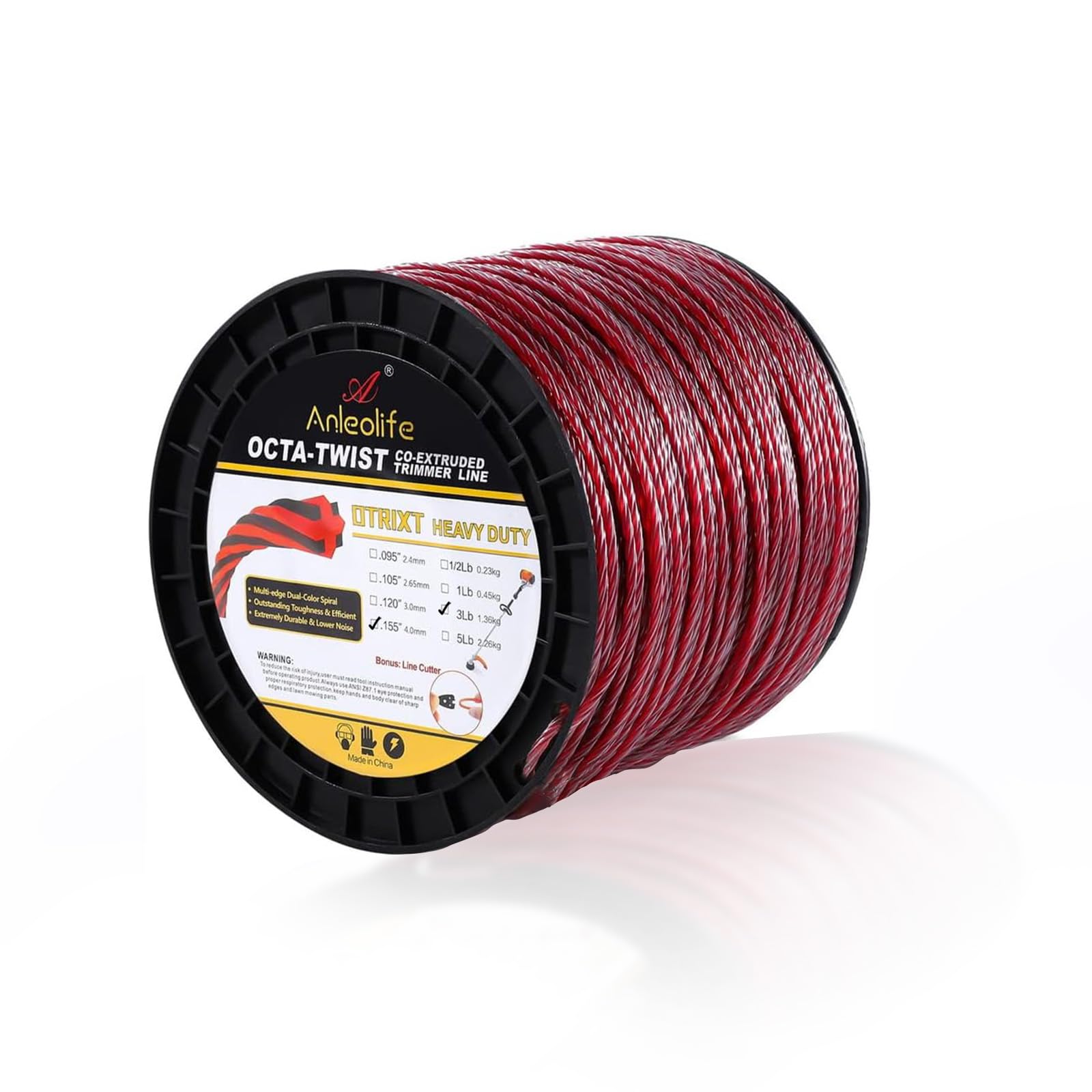 Photo 1 of A ANLEOLIFE 3-Pound Heavy Duty Octa-Twist .155-Inch-by-379-ft Trimmer Line Spool,OTRIXT Co-Extruded Multi-Edge Spiral Weed Eater String, Red