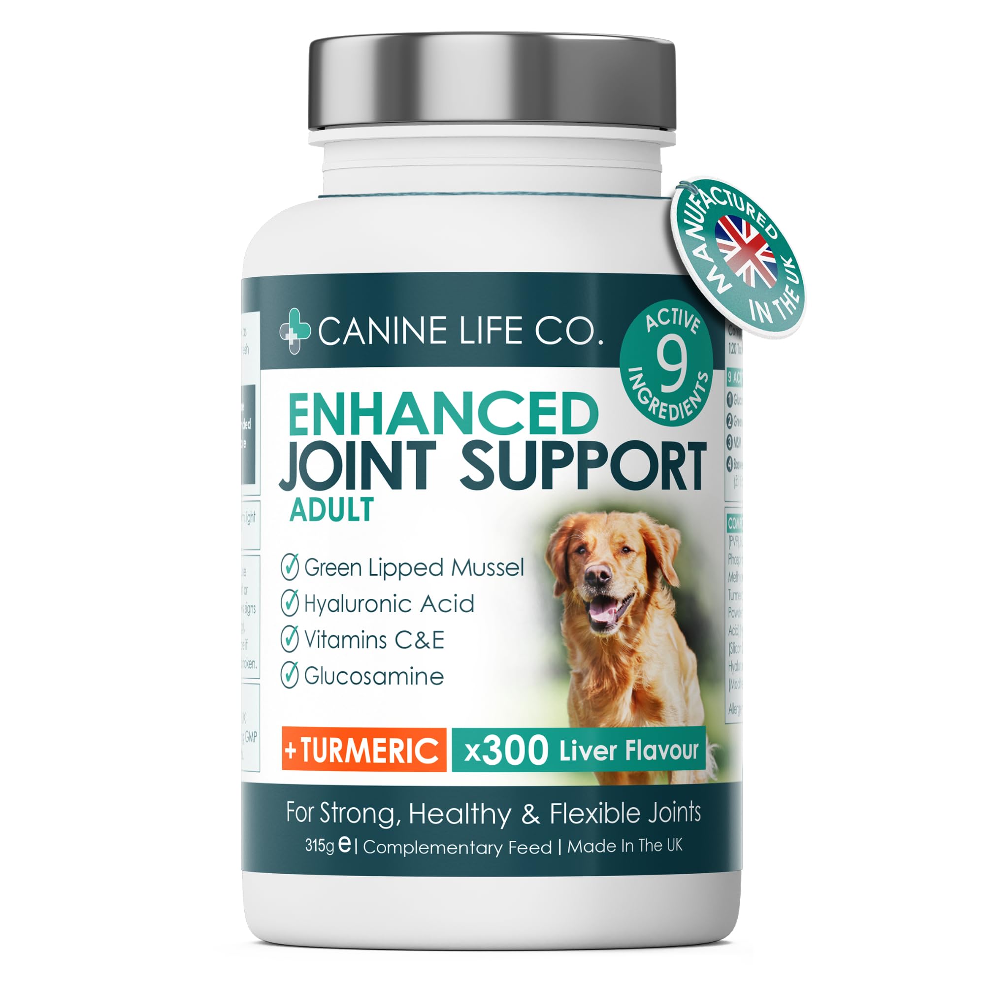 Enhanced Adult Dog Joint Supplements With Turmeric, Glucosamine & Green Lipped Mussel 300 Chewable Tablets Made In The UK - Canine Life Co. (1 Pot (300 Tablets))