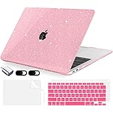 MecBevia Compatible with MacBook Air 13.3 inch Case 2021-2018 Release A2337 M1 A2179 A1932 Touch ID, Plastic Hard Shell&Keyboard Cover&Screen Protector&Webcam Cover&Type-C Adapter, Sparkly Pink