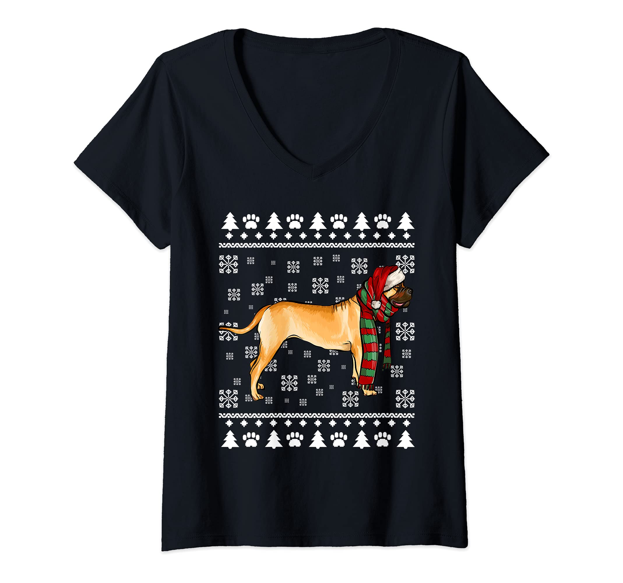 Womens Bullmastiff Dog Santa Hat Xmas Ugly Christmas V-Neck T-Shirt