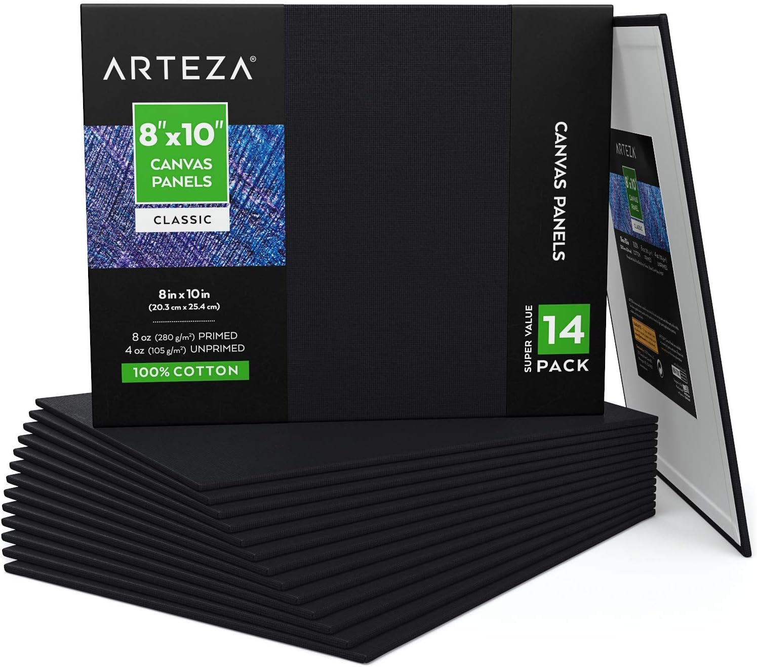 Arteza Canvas Boards for Painting, Pack of 14, 8 x 10 Inches, Blank Black Canvas Panels, 100% Cotton, 8 oz Gesso-Primed, Art Supplies for Acrylic Pouring and Oil Painting