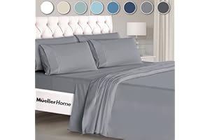 Mueller Luxury 6 Piece Queen Bed Sheets Set - Ultra-Soft 1800 Series, Cooling & Breathable Hotel Quality Bedding, Deep Pocket up to 16" - Hypoallergenic, Wrinkle-Resistant, Oeko-TEX, Light Gray