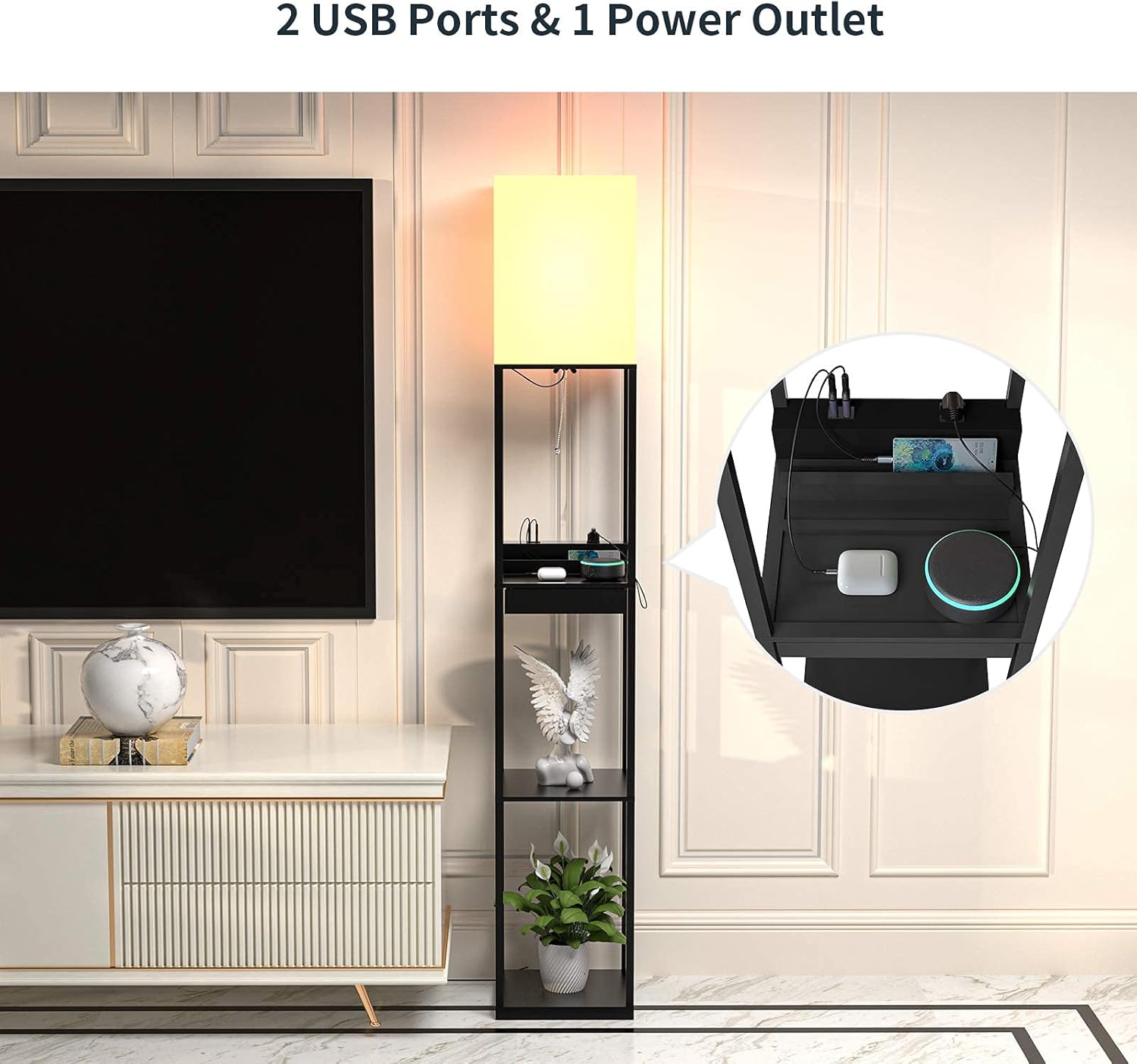 SUNMORY Floor Lamp with Shelves, Modern Dimmable Solid Wood Standing Lamp Both with 1 Drawer and 2 USB Ports & 1 Power Outlet, Corner Tall Bookshelf Lamp for Living Room and Bedroom(Black) - - 