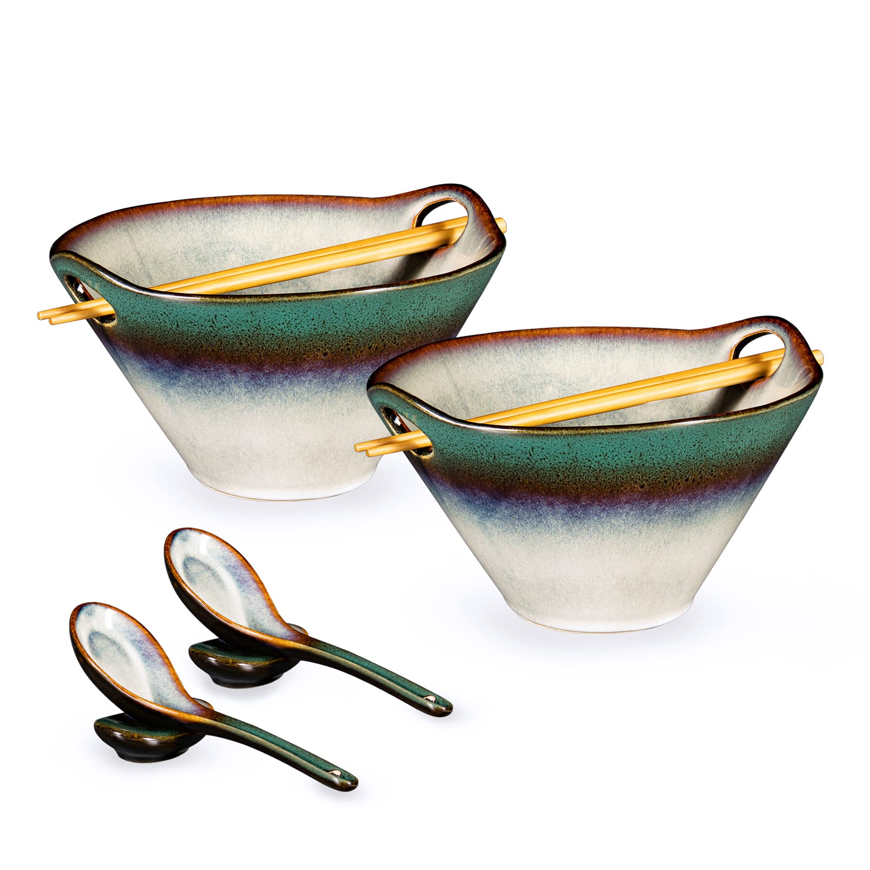 HENXFEN LEAD Porcelain Ramen Bowl Set, 2 Pcs 780ml Japanese Ceramic Ramen Bowl with Chopsticks & Spoon for Soup, Salad, Pasta, Cereal, and Noodles - Green