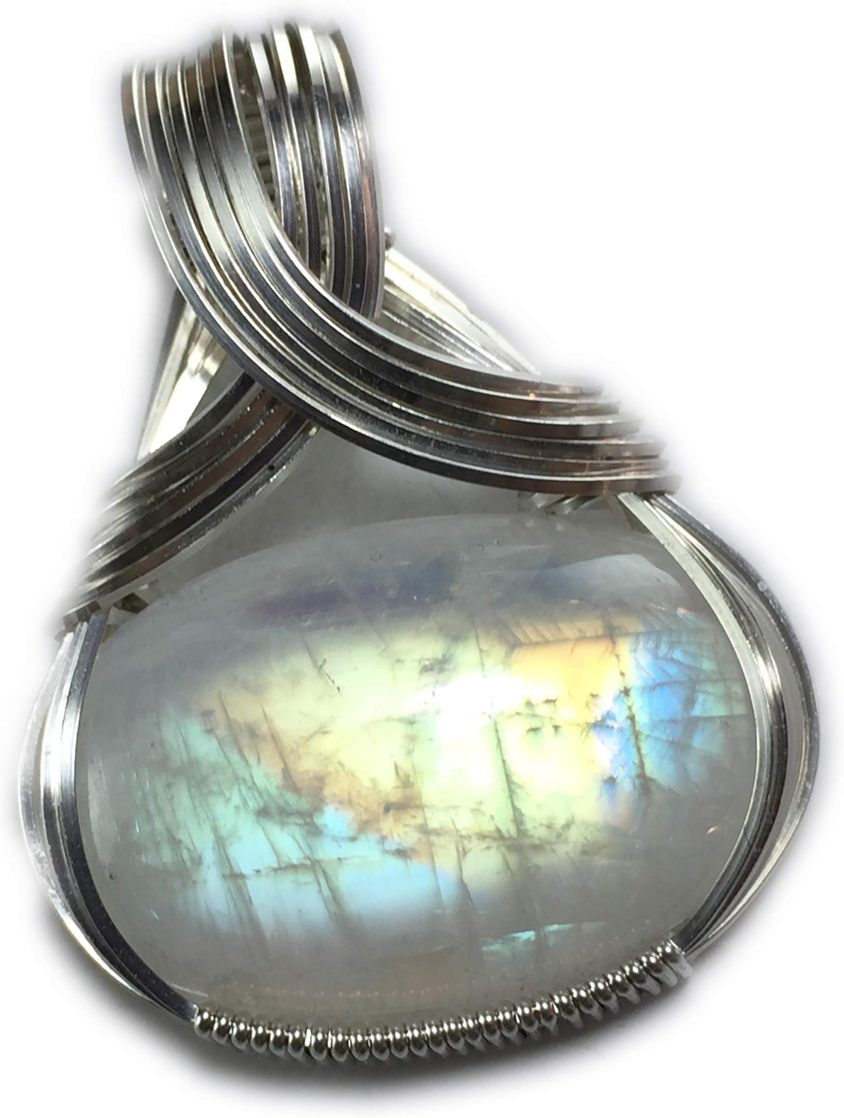 Rainbow Moonstone Pendant Sterling Silver with black leather necklace, Elegant Gift Box, Wire Wrapped Jewelry by Rocks2Rings 3S2 ZP4
