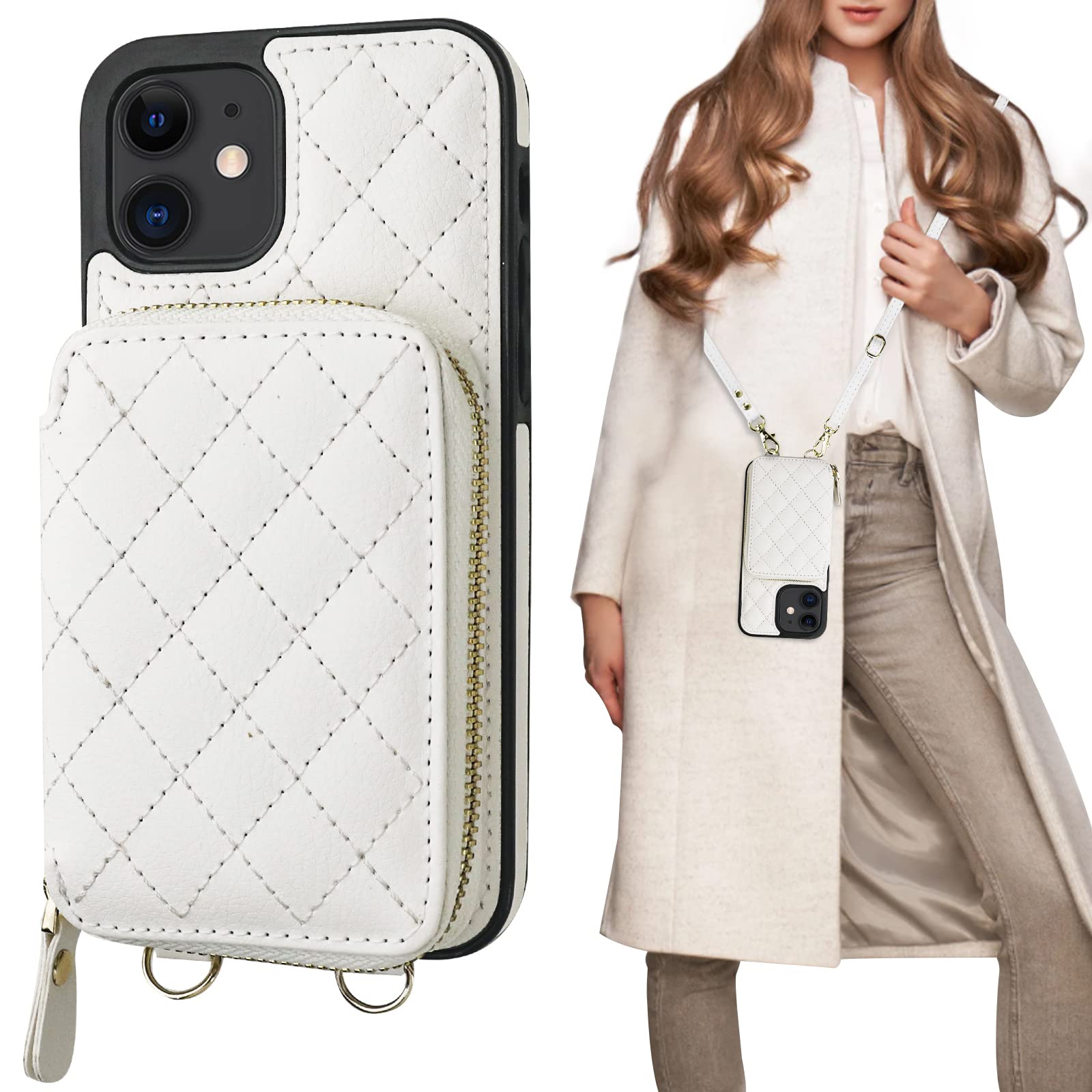Photo 1 of Bocasal Crossbody Wallet Case for iPhone 12/12 Pro, RFID Blocking PU Leather Zipper Handbag Purse Flip Cover, Kickstand Folio Case with Card Slots Holder Wrist Strap Lanyard 5G 6.1 Inch (White)