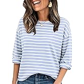 PEHMEA Women's Long Sleeve Striped T-Shirt Cotton Crewneck Top for Women Casual Loose Fit Shirts