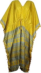 Mogul Interior Womens Yellow Kaftan Maxi Dress Drawstring Beachwear Bohemian Cover Up 2XL