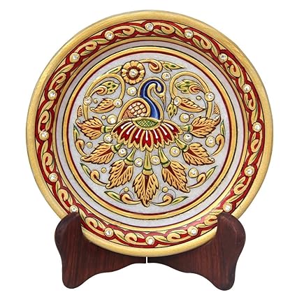Handicrafts Paradise Peacock with Feathers Spread Pattern Round Shape Marble Showpiece Plate with Stand (15.3 cm x 1.2 cm x 15.3 cm),Multicolor