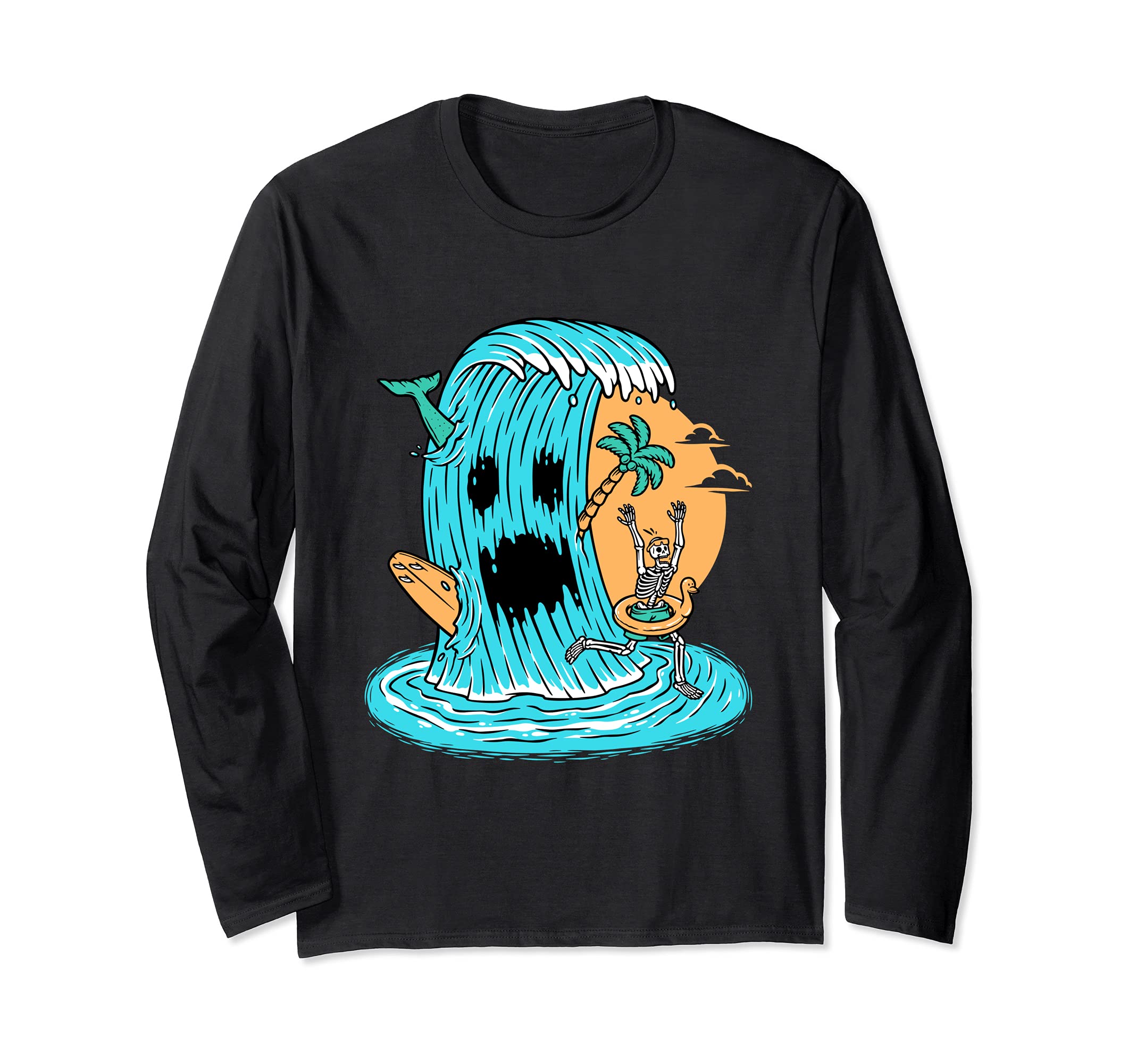Scary Ocean Wave Chasing A Skeleton Long Sleeve T-Shirt