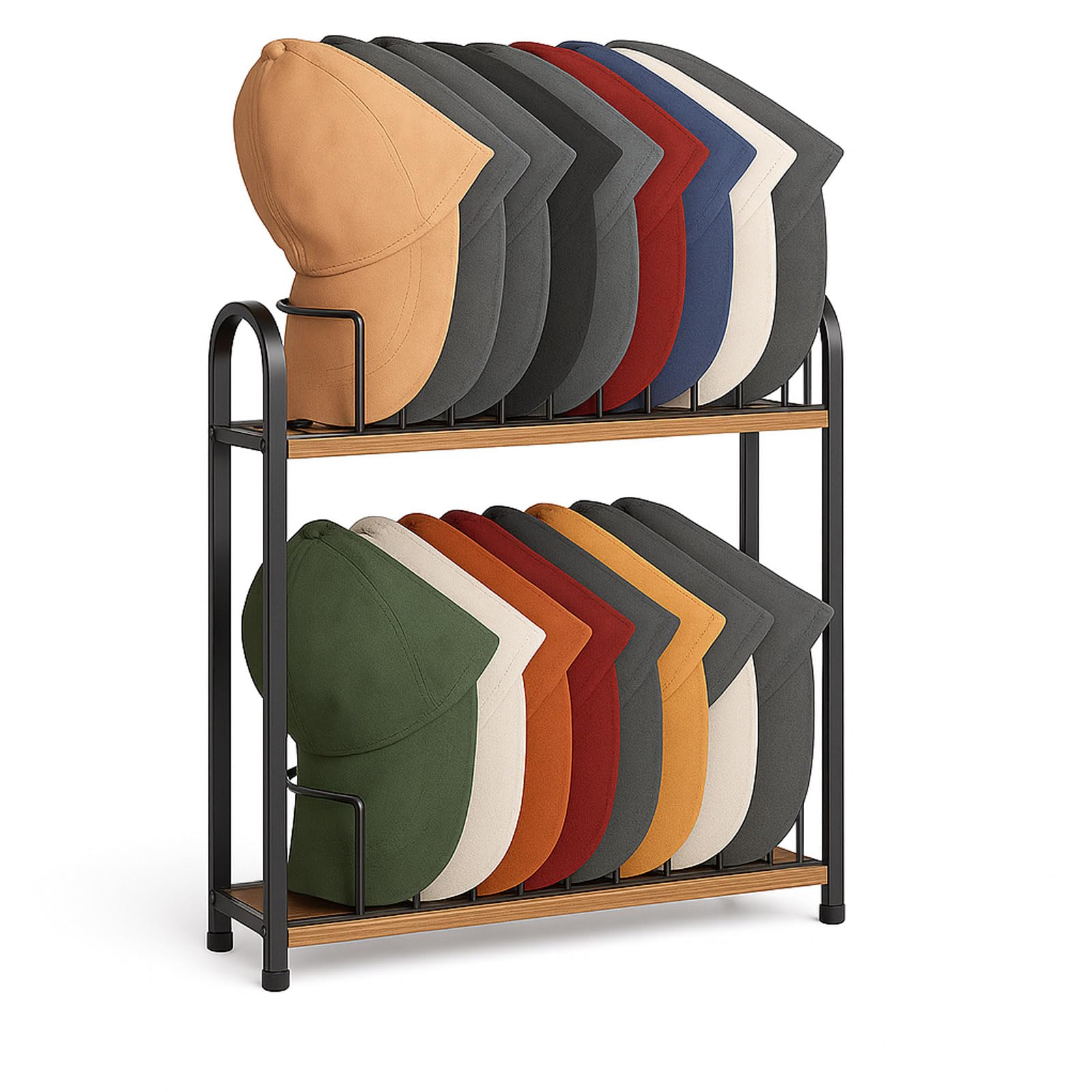Photo 1 of SWTYMIKI Hat Stand for Baseball Caps - 2 Tier Wood & Metal Removable Tabletop Hat Organizer Storage Display Rack, Holds up to 20 Caps for Desk, Closet Shelf, Dresser (Black)