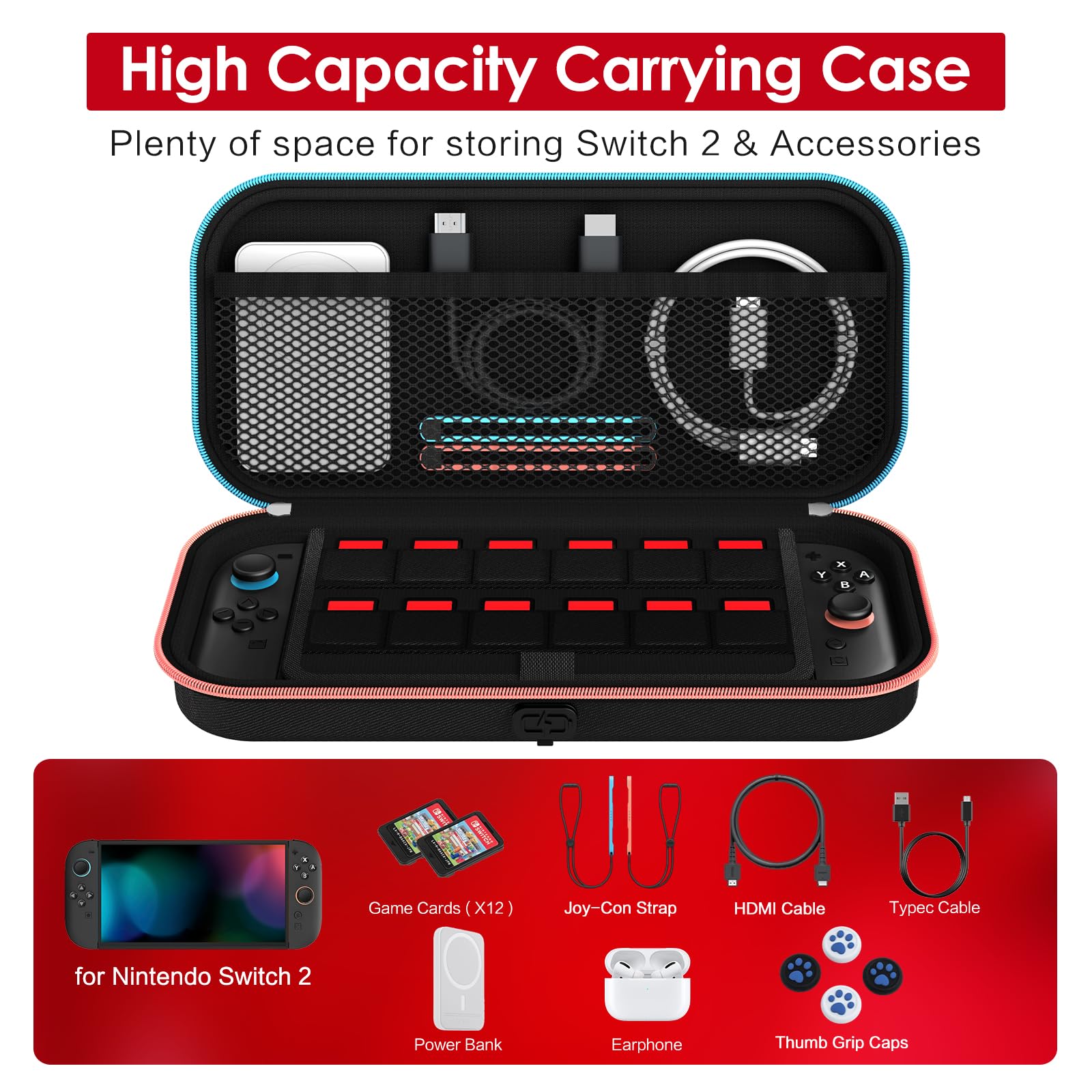 ivoler Charge inside Carrying Case for Nintendo Switch 2 Console 2025, Travel Case with Charging Cable Port, Holds 12 Game Cards Cartridge for Switch 2 Accessories– Black