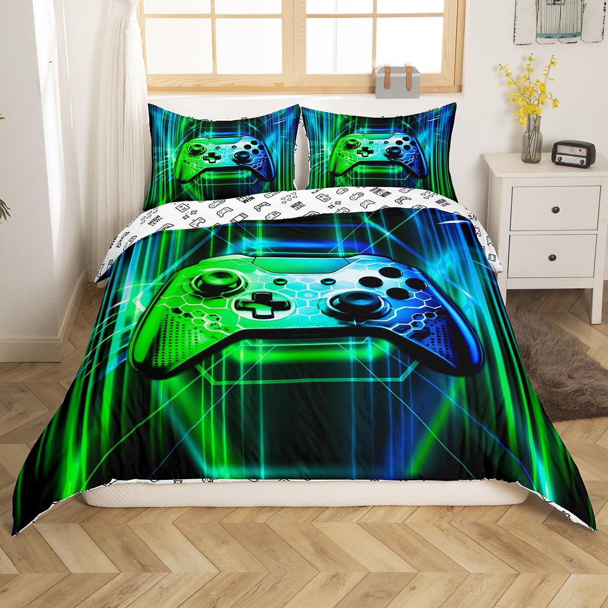 Gamer Duvet Cover Set Double Size, Green and Blue Gaming Geometric Bedding Set 3pcs for Kids Boys Teen Bedroom Decor, Videogame Controller Comforter Cover Gamepad Quilt Cover with 2 Pillowcases