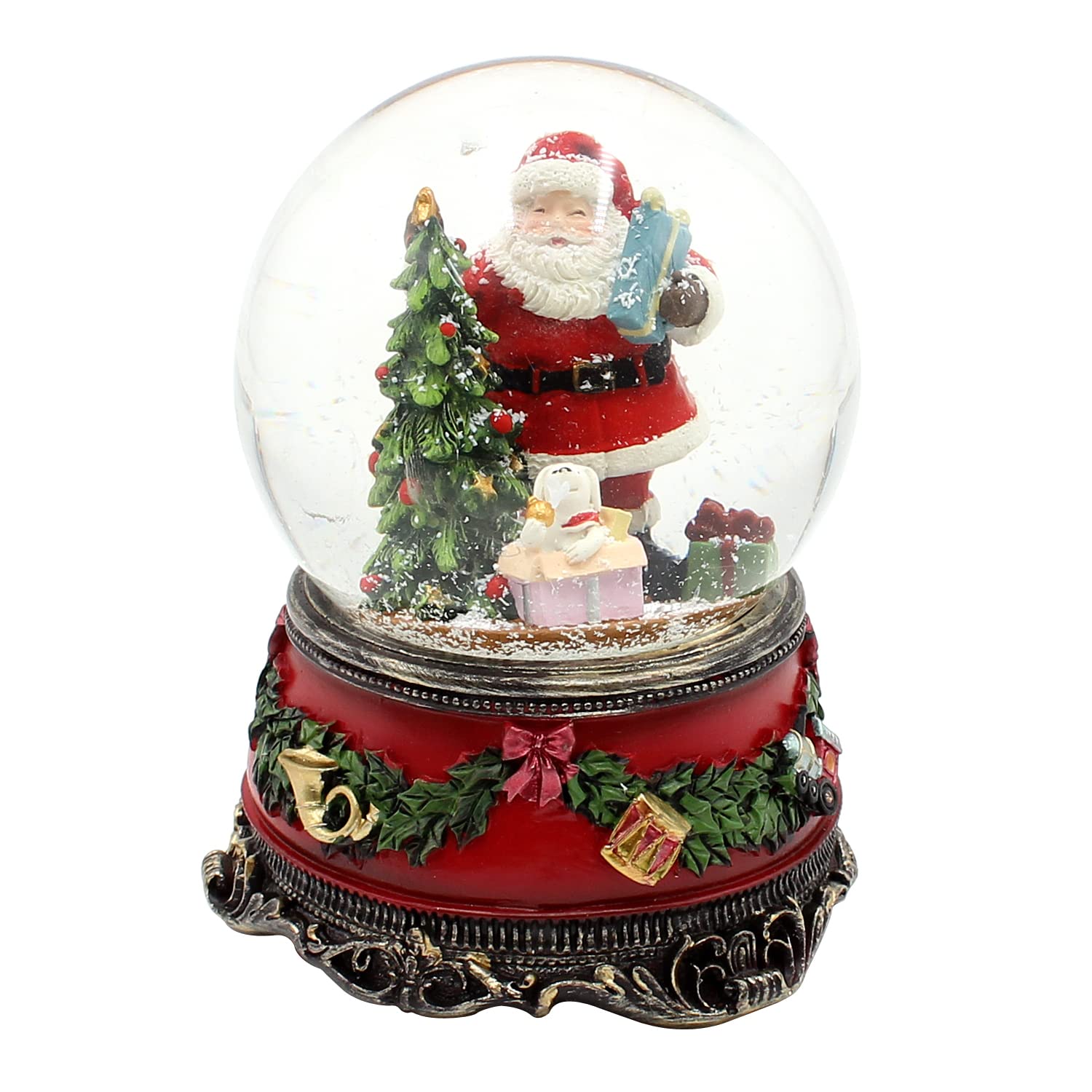 Large Snow Globe, Santa Claus with Dog and Gifts, with Sound, on Elaborately Decorated Base, Dimensions (L x W x H): 10 x 10 x 14 cm, Ball Diameter 10 cm