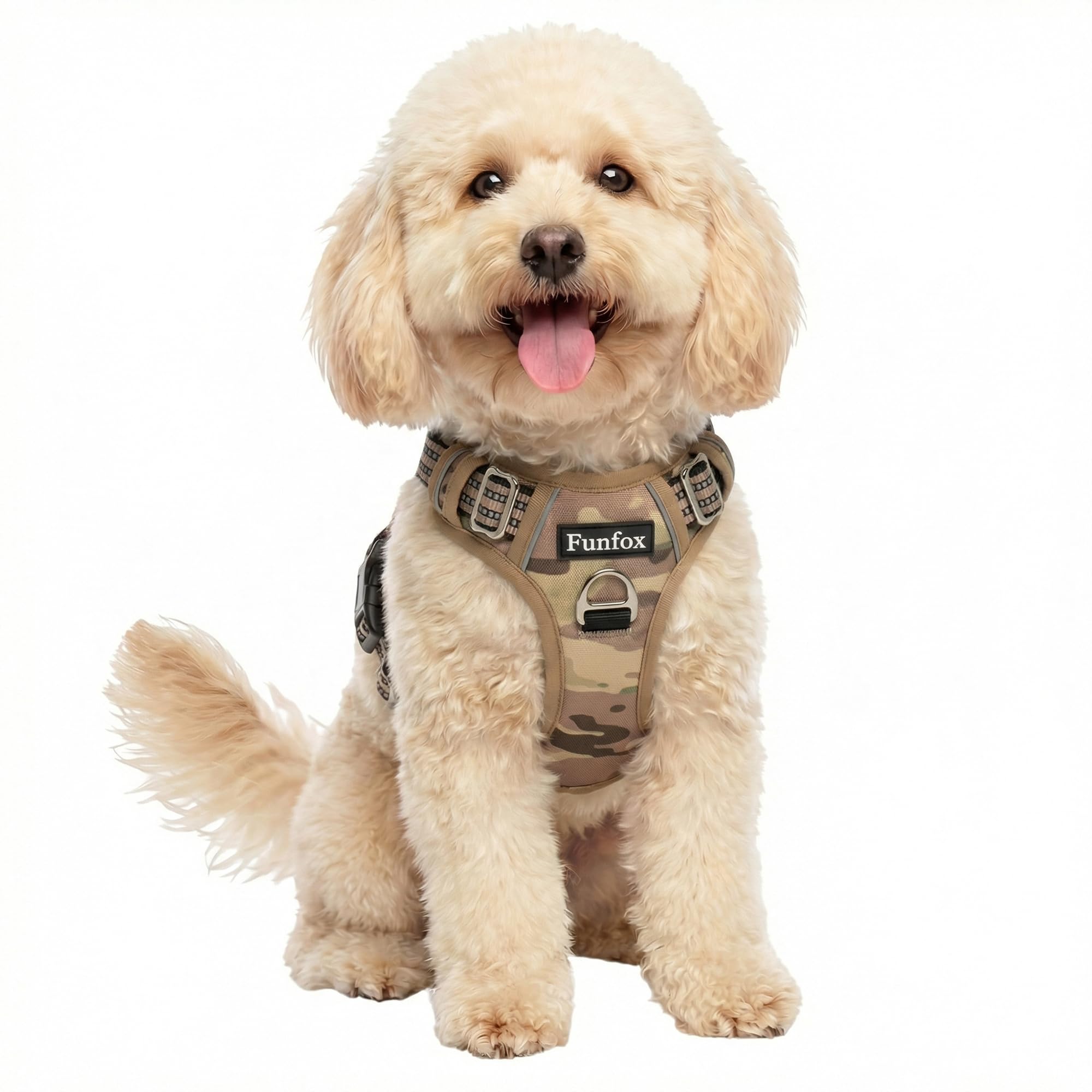 Funfox Dog Harness Small, No Pull Puppy Harness with Vertical Handle, 2 Leash Clips, Reflective Strips Night Walking, Anti Pull Adjustable Padded Pet Vest Size for Small Breed, Camo Brown S