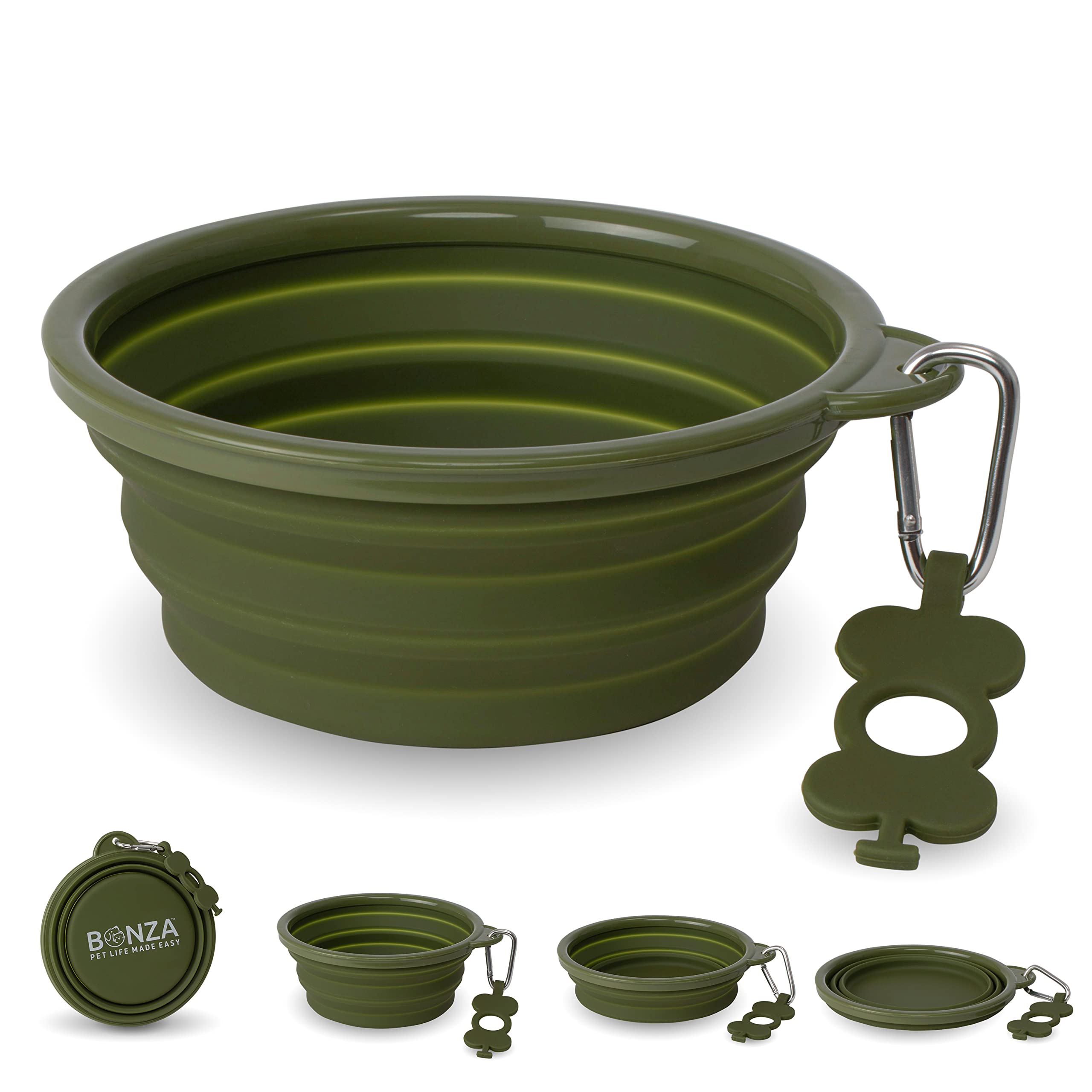 Bonza Extra Large Collapsible Dog Bowl 1500 mL, Sturdy Reinforced Rim, Portable Essential Travel Accessories, w/ Carabiner, Keychain, Moss Green