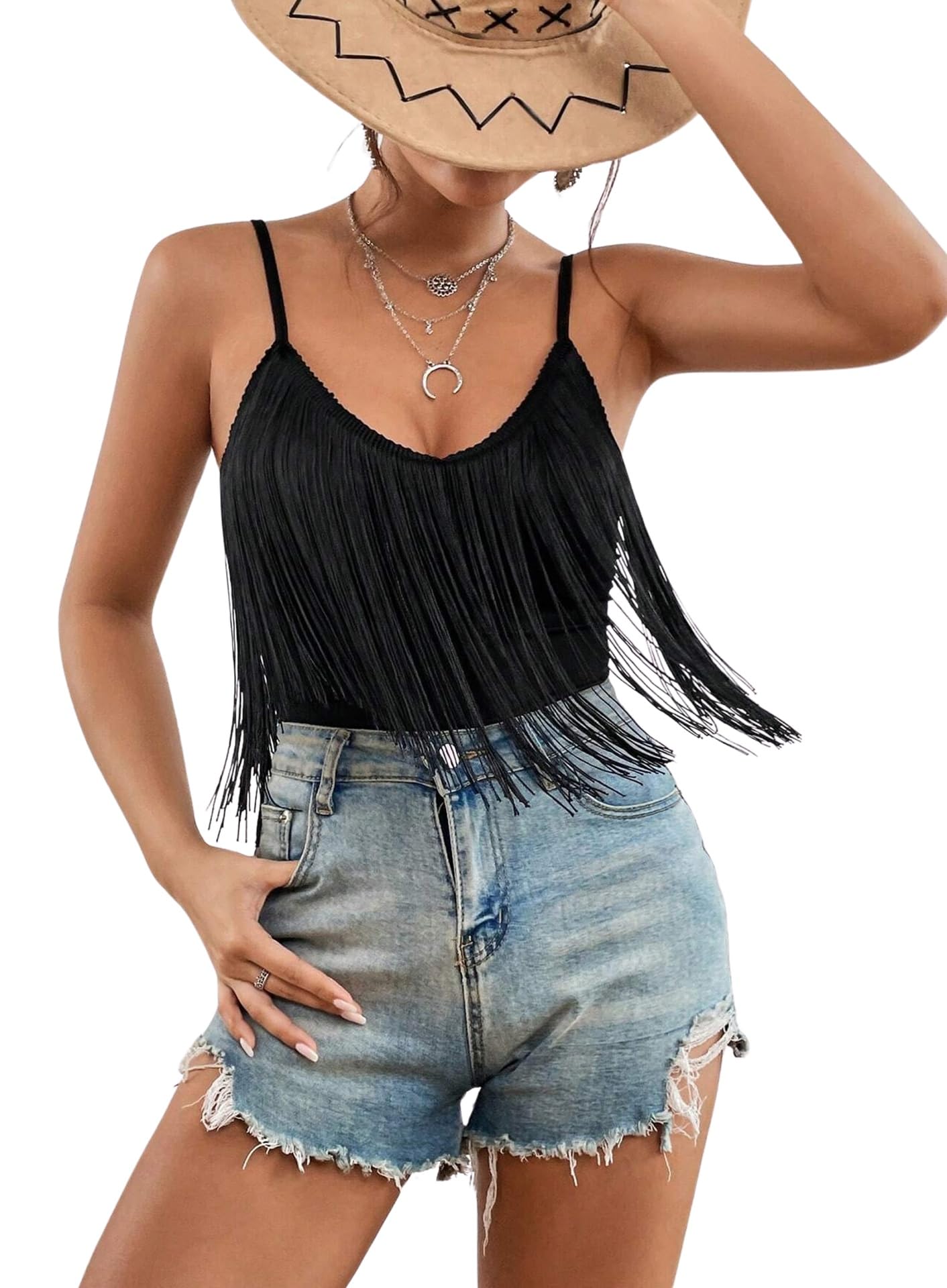 Photo 1 of Ella Lust Cowgirl Fringe Bodysuit for Women - Western Country Concert Outfits Boho Tassel Jumpsuit Rave Festival Tops Romper (Black,L,107421a)