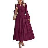 BTFBM Spring Dresses for Women 2026 Casual Long Sleeve V Neck Elastic Waist Lightweight Maxi Wedding Guest Dress Pockets