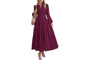 BTFBM Fall Dresses for Women 2025 Casual Long Sleeve V Neck Elastic Waist Lightweight Maxi Wedding Guest Dress Pockets