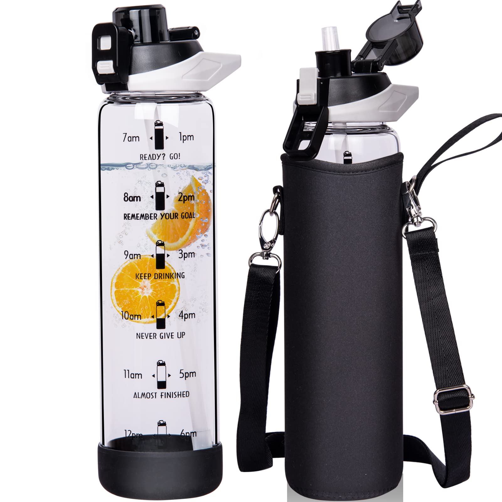 Seekua 1l Large Glass Water Bottle with Straw & Time Markings 1 litre Big Motivational Glass Drinking Bottle BPA free Leakproof — image 1