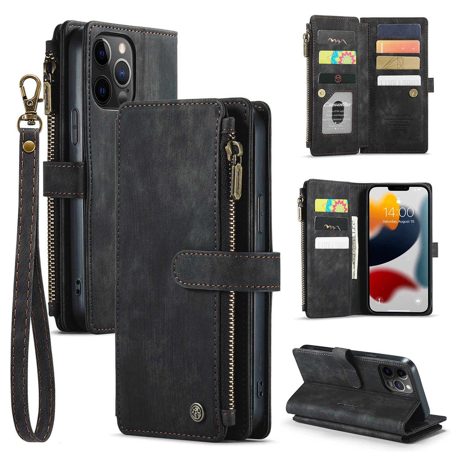 CaseMe M QLTYPRI Case for iPhone 12/iPhone 12 Pro 6.1, Vintage PU Leather Wallet Case Zipper Card Slots Kickstand Protective Cover with Lanyard Shockproof Phone Case for iPhone 12/12 Pro 6.1 - Black