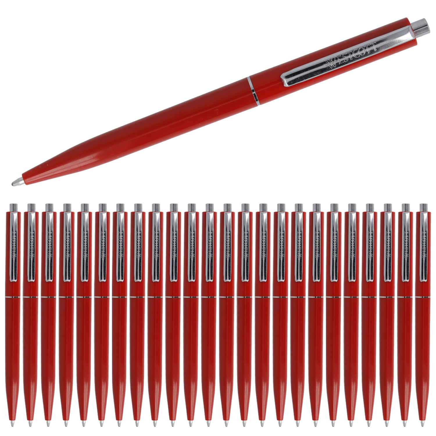 Westcott ballpoint pen ALLTIME red 25 pieces | Retractable biro pens with red ink | Line width M with X20 standard refill | Document-proof ISO 12757-2 | Sturdy metal clip | E-737449 00