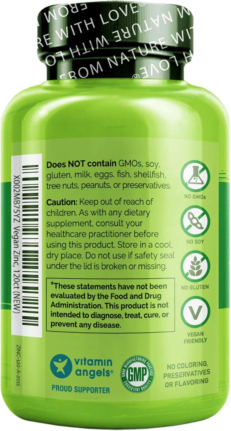 NATURELO Vegan Zinc Whole Food Complex Supplement with Vitamin C, 120 Capsules: Health & Personal Care