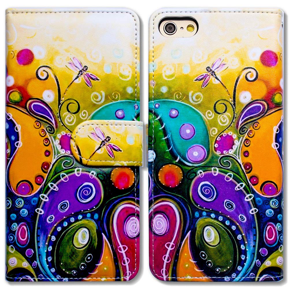 BCov iPhone SE Case, Flip Phone Wallet Cover with Card Slot Holder Kickstand - Colorful Dragonfly Leather for 4.7" iPhone SE 2020/8/7