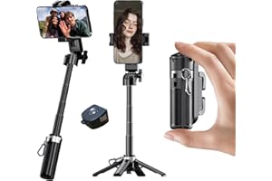 Phone Tripod Stand with Zoom, Portable Selfie Stick with Detachable Remote and 360° Rotatable Holder, Expandable Pocket-Size 