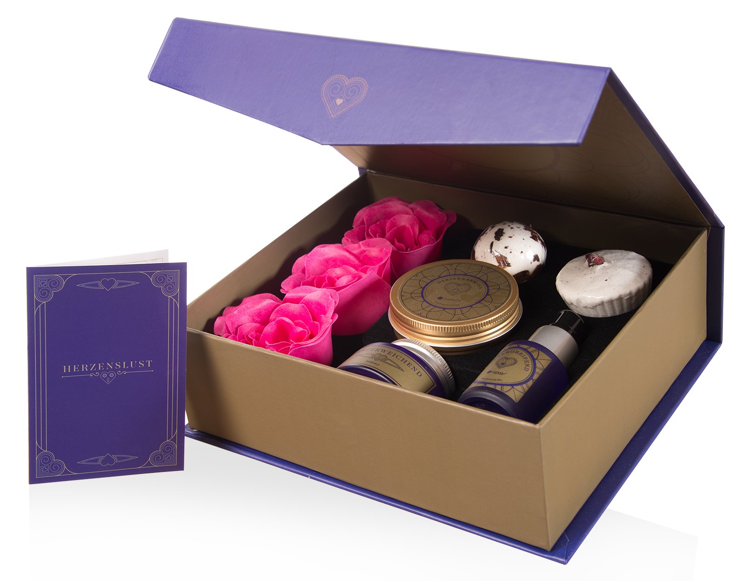 Deluxe Valentins Badeset (8 Teile) Herzenslust, Valentinstag Wellness Geschenkset mit pflegenden Bade & Massagezubehör,
