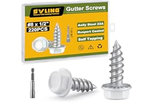 SVLING #8 x 1/2" Self Tapping Gutter Screws, 220PCS White Painted Hex Head Sheet Metal Screws Sliver Thread Ruspert Coating Finish, 1/4" Hex Bit Socket Included