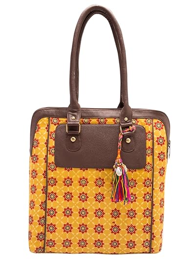 Vivinkaa Womens Cotton Ethnic Printed Star Tote Bag with Zip (Yellow)