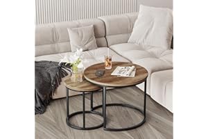 Semiocthome Round Nesting Coffee Table, Nesting Tables for Living Room Set of 2 End Tables Wood Surface Top Sturdy Metal Leg Balcony Side Sofa Table for Modern Home Furniture