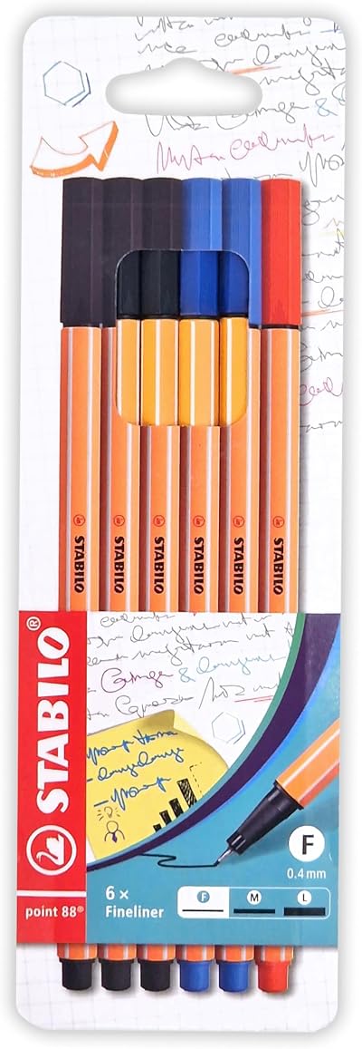 STABILO point 88 Fineliner Pack of 6 Assorted Office Colours 0.4mm