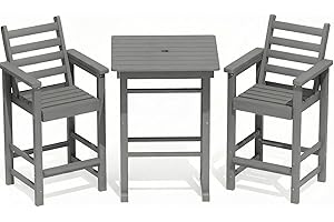 GLANC Adirondack Chairs and Table 3 Pieces Set, HDPE Balcony Bar Height Chairs Set of 2, All Weather Outdoor Bar Stools Set for Bistro, Garden, Poolside (Grey)