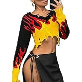 OYOANGLE Women's Fire Pattern Long Sleeve Pullover Sweaters Distressed Hem V Neck Casual Knitted Tops Cropped Sweater