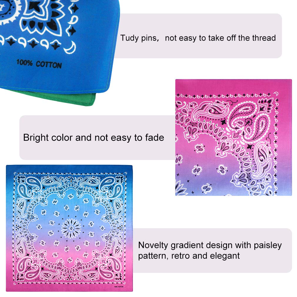 CUBACO 6 Pack Bandanas for Women and Men, Novelty Gradient Cotton Bandana for Hair Covering Headband Necktie and Pocket Square, Paisley Print Hair Bandanas Scarf, Assorted Colors，22 inch: Beauty