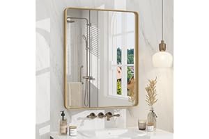 CHARMOR 24x30 Gold Bathroom Mirror, Rounded Rectangle Gold Frame Mirror, Brushed Gold Brass Bathroom Vanity Mirror Wall-Mounted, Anti-Rust, Hangs Horizontally or Vertically