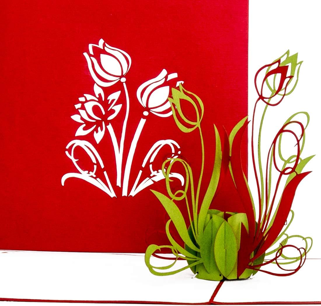 'Pop Up Card, Tulips Green and Red, Card Easter Card Voucher, Tulip Birthday Card 3D Card, Invitation, Card, Invitation Card