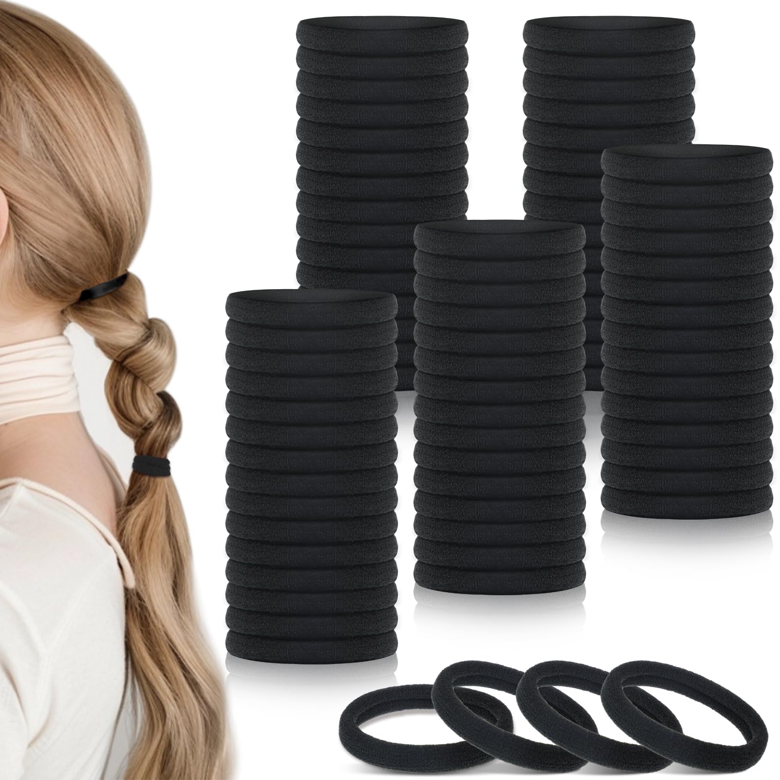 Photo 1 of Obeoby 100PCS Hair Ties for Thick Hair, Seamless Nylon Elastic Ponytail Holders, Bulk Black Hair Bands & Elastics for Women Girls
