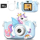 Kids Camera Toys for 3-8 Year Old Boys & Girls, 1080P HD Digital Video Toddler Camera with 32GB SD Card & Selfie Mode, Shockproof Cover Christmas Birthday Gifts for Age 3 4 5 6 7 8, Blue