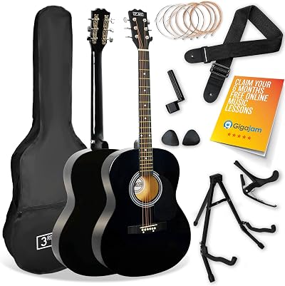 3rd Avenue Full Size Acoustic Guitar Pack Beginners 6 Months Lessons Black