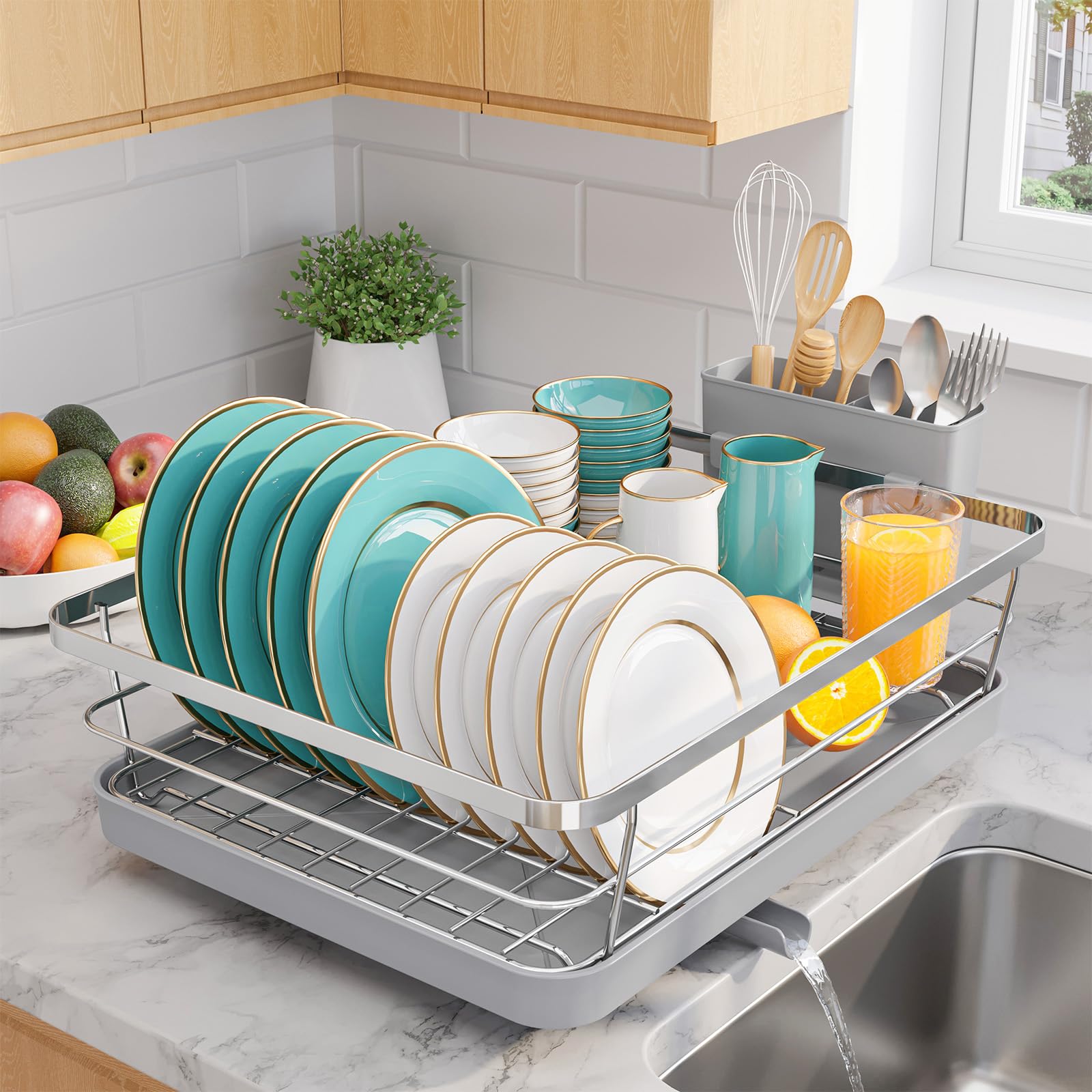 Photo 1 of Sakugi Stainless Steel Dish Drying Rack for Kitchen Counter, Sink Organization and Storage Essentials with Silverware & Utensil Holder, Home and Apartment Decor, 12''W x 15.6''L, Silver