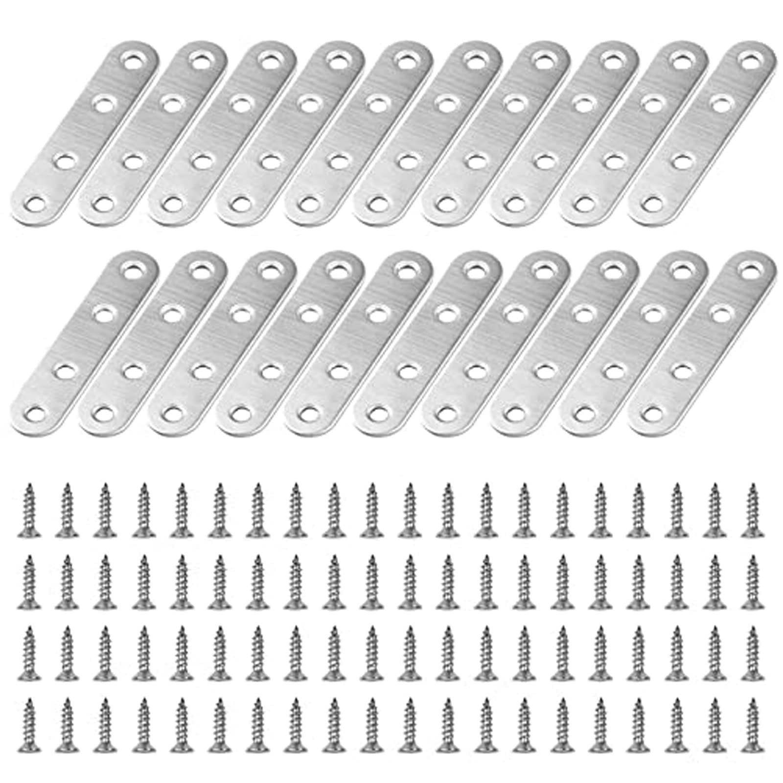 HONMOK 20 Pieces Mending Plates for Wood,Straight Brackets 76×16mm Heavy Duty Stainless Steel Flat Brackets Connector,Fixing Joining Plates with 80pcs Screws for Wood Connector Repairing Furnitures