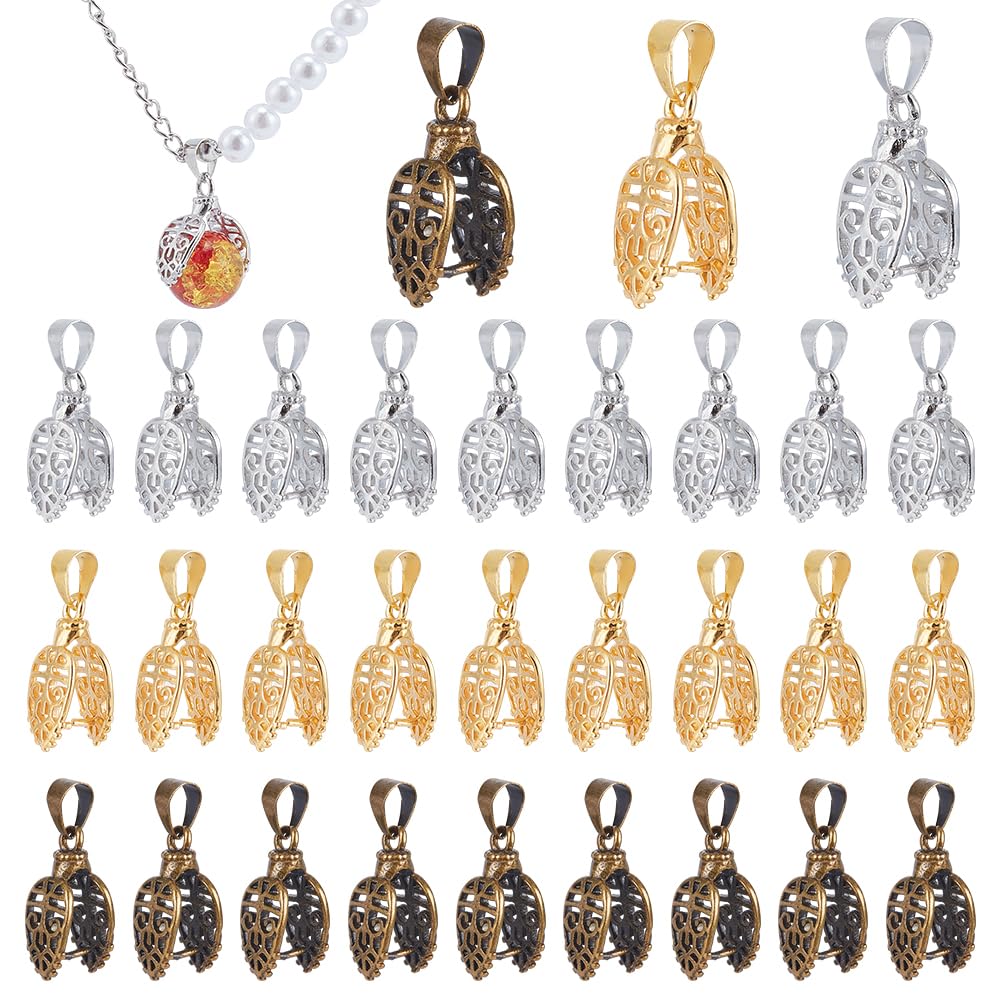 PH PandaHall Elite 30 pcs 3 Colors Brass Pinch Bails Pinch Clip Bail Clasp Dangle Charm Bead Pendant Connector Findings for Pendants Necklace Jewelry DIY Craft Making, Platinum/Antique Bronze/Golden